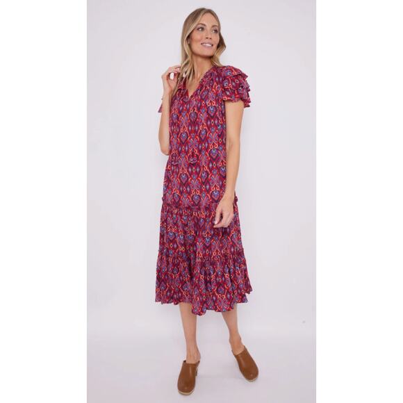 Sail to Sable Tuckernuck Ruffle Neck Tassels Midi Tiered Dress Red Blue Ikat XL - Picture 1 of 9